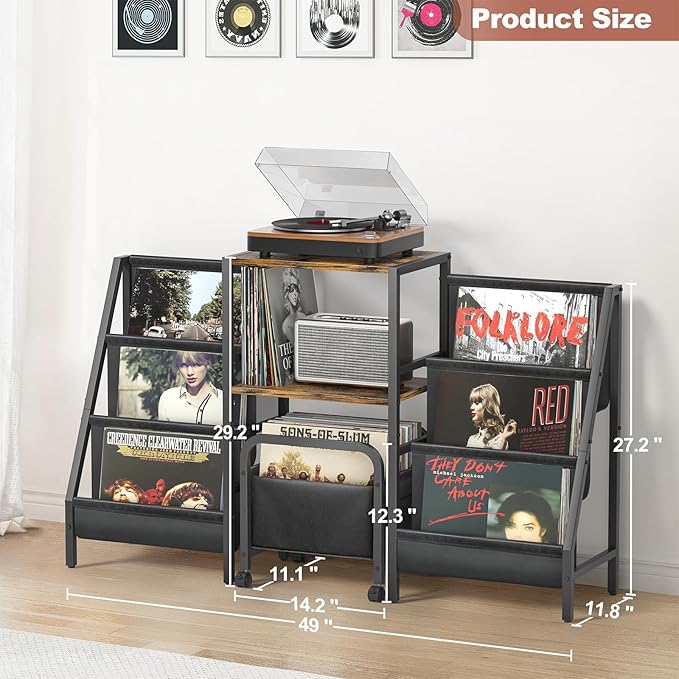 Record Player Stand with Vinyl Storage Cart, Record Player Table with Record Storage 200 Albums, Turntable Stand with Record Holder Vinyl Display Shelf, Record Cabinet Media Stereo