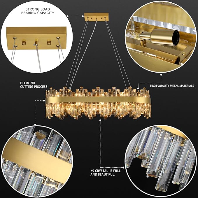 Gold Crystal Chandeliers for Dining Room, 20 Lights Modern Oval Chandelier for Lining Room, Rectangular Crystal Pendant Light Fixture for Kitchen Island Bar L36 Inch