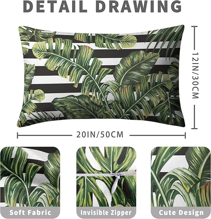 Tropical Leaves Lumbar Pillow Covers Set of 2 Summer Palm Leaves Rectangle Pillow Case 12x20 Black and White Geometric Waist Throw Pillow Covers for Living Room Sofa