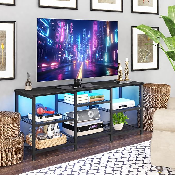 YGEOMER TV Stand for TVs Up to 55 Inches, Entertainment Center with Power Outlet and LED Lights Open Storage Shelves, TV Media Console Table for Living Room and Bedroom, Black