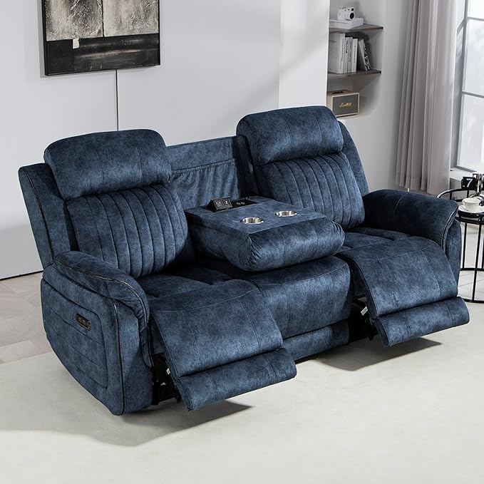 Zero Gravity Power Reclining Sofa with Adjustable Headrest, Electric Reclining Couch with Wireless Charge, Recliner Sofa 3 Seater with Drop Down Table,Cup Holder,USB Ports (Blue)
