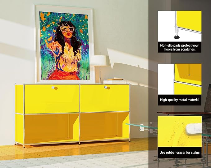 Metal Sideboard with 2 Flap Doors, DIY Modern Home Furnishing,Perfect for Home, Office, Kitchen, Hallway,Foyer Organization(Matt Yellow)