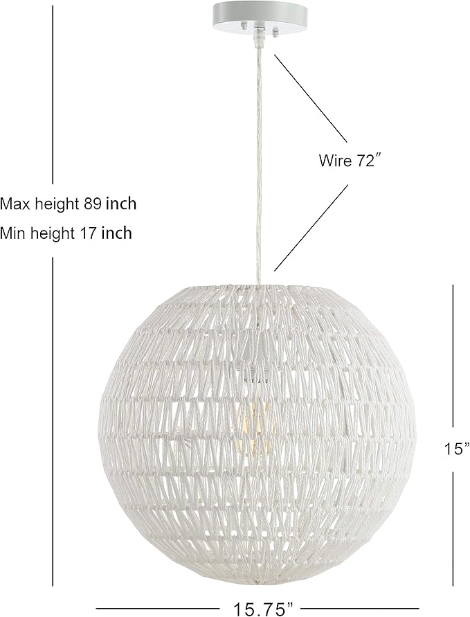 JONATHAN Y 15.7" White Modern Bohemian Woven LED Pendant Light, Adjustable Hanging Ceiling Lamp for Kitchen Island Dining Room, Paper Wicker Shade, Bulb Included JYL6503A