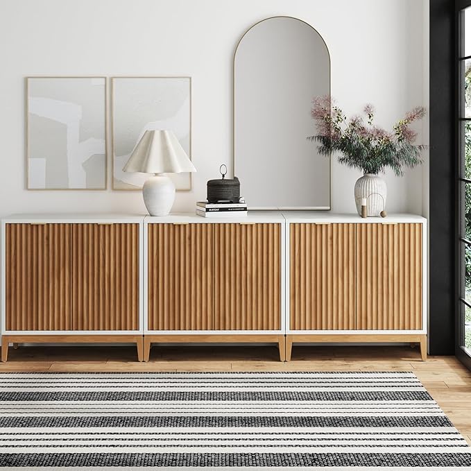Nathan James Jasper Modern Sideboard, TV Stand with Fluted Doors, Accent Storage for Kitchen or Living Room, White/Warm Pine, Set of 3