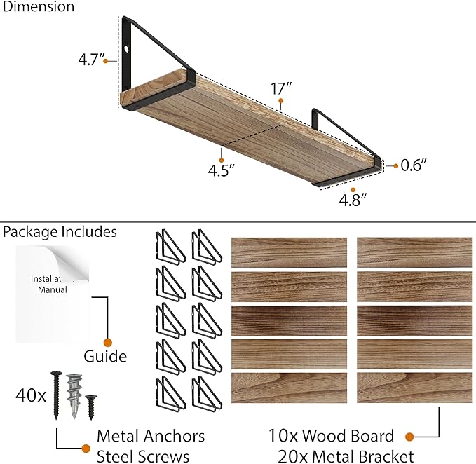 Wallniture Ponza 17'' x 4.5'' Floating Wall Shelf Bathroom, Small Wood Book Shelves for Wall Storage, Wall Mounted Shelf, Dining Room, Bedroom, Living Room, Office & Kitchen Organization, Burnt, 10pcs