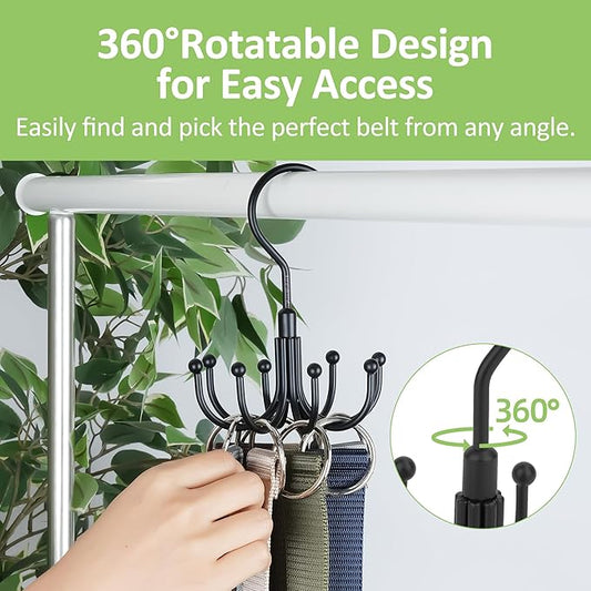 Belt Hanger, Rotatable Belt Organizer for Closet, Accessories Rack, Space Saving Hanging Holder Storage Hook for Belt, Tie, Scarf, Purse, Bra, Tank Top, Black