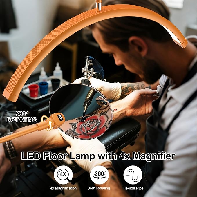 AURELLE Half Moon Lash Light - Adjustable LED Floor Lash Lamp with 4X Magnifier & Phone Holder for Eyelash Extensions,Nail Art,Tattoo,Skincare,Salon SPA-Dimmable Brightness,Rotating Head, Orange