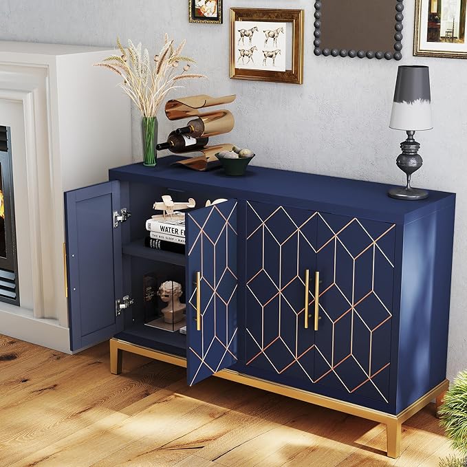 47.8" Storage Accent Cabinet with 4 Doors, Modern Sideboard Buffet Cabinet with Gold Lines, Wood Decorative Credenza with Storage for Living Room, Kitchen, Dining Room, Entryway, Blue