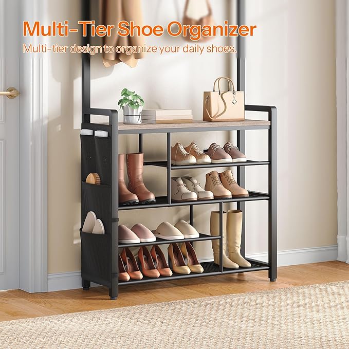 HOOBRO Hall Tree with Bench, Shoe Rack with Coat Rack, 39.4" Coat Rack with Shoe Storage, 5 Tier Shoe Storage Organizer, Oxford Fabric Side Pockets, Coat and Shoe Rack Entryway, Greige BG46MT01
