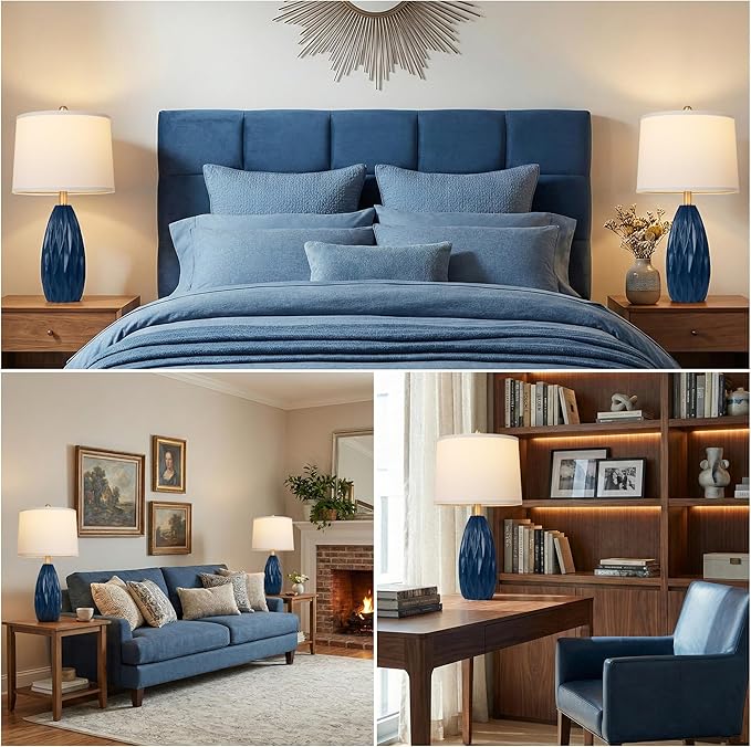 Modern Table Lamp for Living Room, Bedside Lamp Set of 2, Navy Blue Resin Table Lamp, Bedroom Lamp for Nightstand with Linen Shade, Diamond-Shaped Lamp Body,Desk Lamp for House Dorm(2 Bulbs Included)
