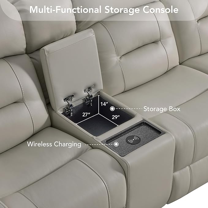 Watson & Whitely Genuine Leather Power Loveseat Recliner Sofa, Lay Flat Reclining Sofa with Console, Power Headrest, Cup Holders & Wireless Charging, Dual Recliner for Living Room, Grey