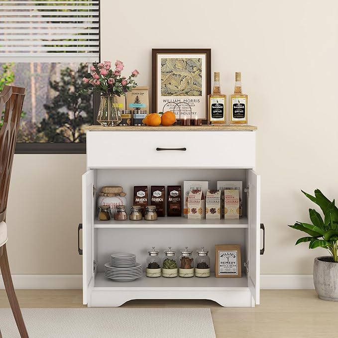 Panana Wooden Cabinet 1 Drawer and 2 Doors Storage Cupboard Coffee Bar Sideboard Farmhouse Entryway Organizer Console (White)