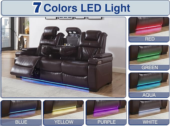 THSUPER Power Breathable Leather Reclining Sofa with 7-Color LED Light, Living Room Recliner Couch with Adjustable Headrest/Reading Light/USB Port/Storage Arm/Drop Down Table for Living Room, Brown