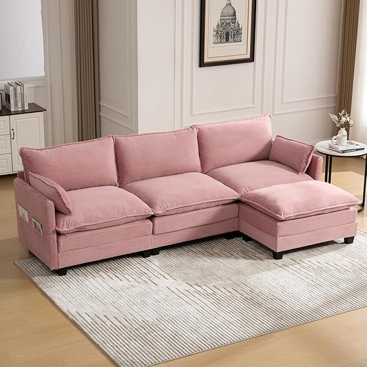 103" Oversized Modular Sectional Sofa Couch with Reversible Ottoman, Free Combination Convertible Corner Couch,Corduroy Upholstered Cloud Sectional Couch with Side Pockets | Multiple Cushions, DIY Combination, Removable Cover