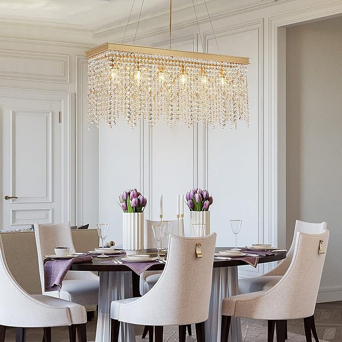 Q&S Gold Chandeliers Luxury Modern Crystal Chandelier Light Fixtures for Dining Room Kitchen Island Living Room L30 6-Lights UL Listed