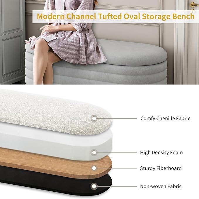 Ball & Cast Storage Ottoman Bench, 40" Chenille Upholstered Storage Bench for Bedroom End of Bed,Oval Ottoman with Storage,Entryway Bench with Safty Hinges for Living Room,Light Grey