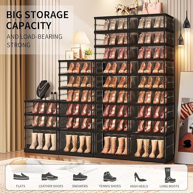3 Tier Foldable Shoe Rack for Closet Entryway 3-6 Pairs Stackable Clear Shoe Storage Boxes with Lids Small Shoes Shelf with Door Plastic Organizer Cabinet Easy Assembly Black