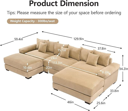 KEIKI 130" U-Shaped Oversized Corduroy Modular Cloud Sectional Sofa with 2 Ottoman, High-Density Foam Cushion, Extra-Thick Armrest, 3-Seater Fluffy Corner Couch with 9 Pillow, for Living Room, Camel