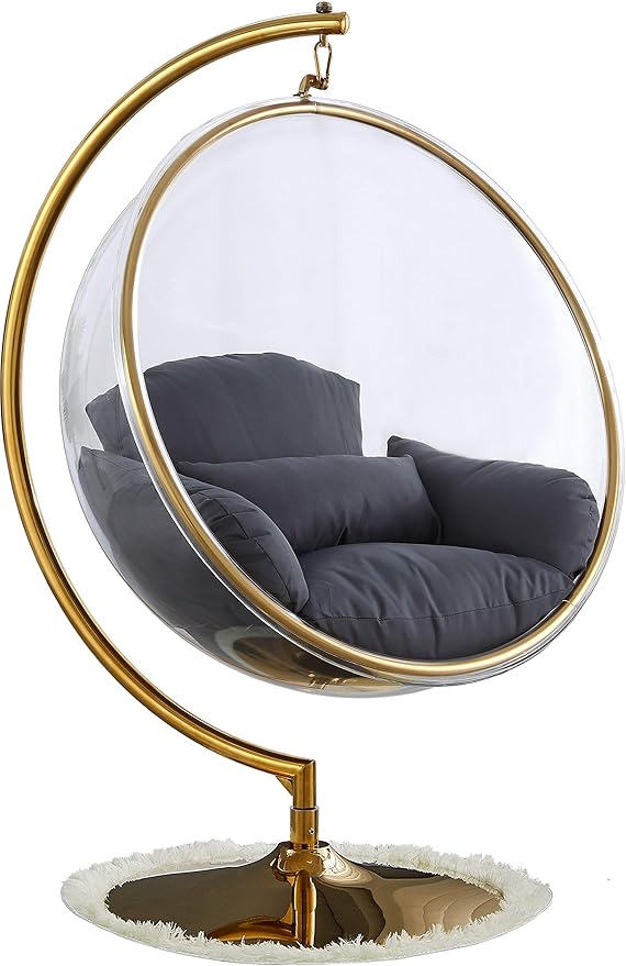 Meridian Furniture Luna Collection Modern | Contemporary Clear Acrylic Accent Swing Chair with Gold Metal Base and Durable Fabric Seat, 41.5" W x 29.5" D x 64" H, Grey