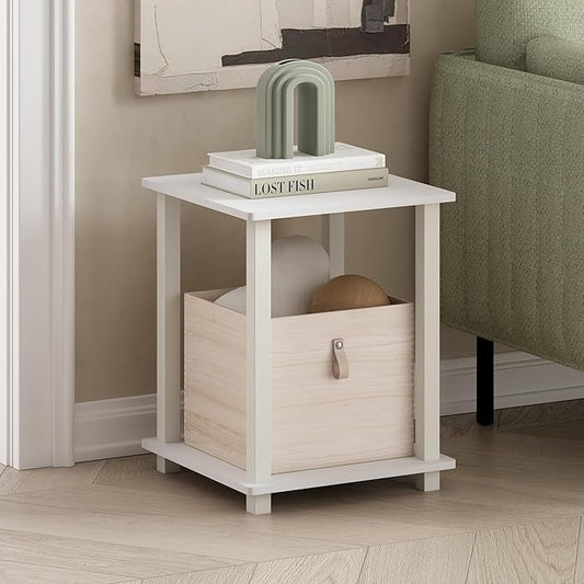 Furinno Simplistic Side Table Set of 2, 2-Tier Square Modern End Table, Nightstand, Night Stand, Bedside Table, Toolless Assembly, for Living Room, Bedroom, White