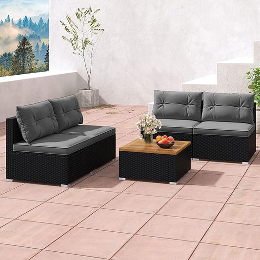 Tangkula 5 Piece Rattan Sofa Set, Outdoor Wicker Furniture Set w/Seat & Back Cushions, Square Coffee Table, Patio Sofa Set for Backyard, Poolside (Grey)