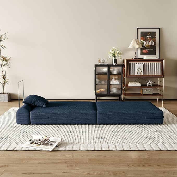 31.5'' Convertible Compressed Corduroy Folding Sofa Bed, Modern Boneless Pull Out Sleeper Sofa Couch in a Box, 3 in 1 Portable Lazy Floor Lounge Chair, No Assembly Needed, Navy Blue, Pillow, Single