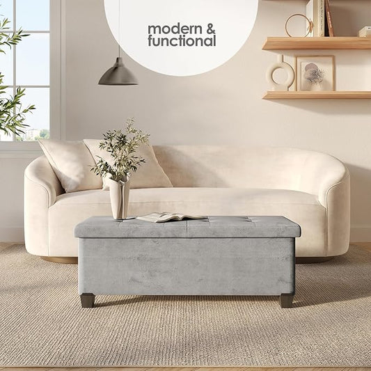 Storage Ottoman Bench with Bins, 43-in Storage Bench for Bedroom End of Bed, Folding Foot Rest Ottoman for Living Room Max 660lbs, Velvet Ottomans, Light Grey