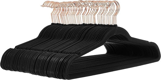 Amazon Basics Slim Velvet Non-Slip Space Saving Suit Clothes Hangers for Closet Organization, Black/Rose Gold, 50-Pack