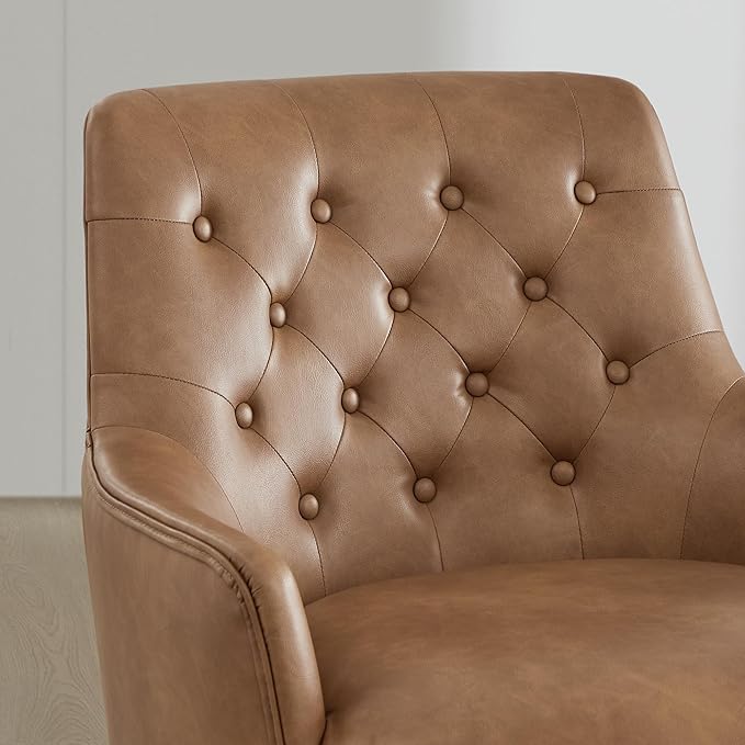 Watson & Whitely Swivel Barrel Accent Chair, Tufted Upholstered Arm Chair for Living Room and Bedroom, Faux Leather in Cognac Brown