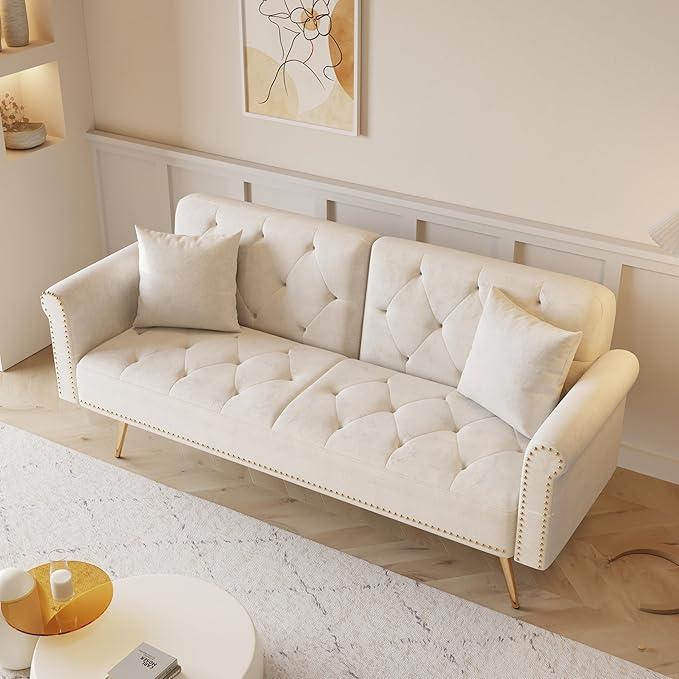 Convertible Futon Sofa Bed , Adjustable Sleeper Couch Modern Velvet Tufted Recliner Reversible Loveseat Folding Daybed Guest Bed Sofacama w/ Nailhead Trim and Golden Metal Legs for Living Room Office