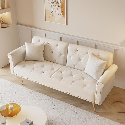 Convertible Futon Sofa Bed , Adjustable Sleeper Couch Modern Velvet Tufted Recliner Reversible Loveseat Folding Daybed Guest Bed Sofacama w/ Nailhead Trim and Golden Metal Legs for Living Room Office