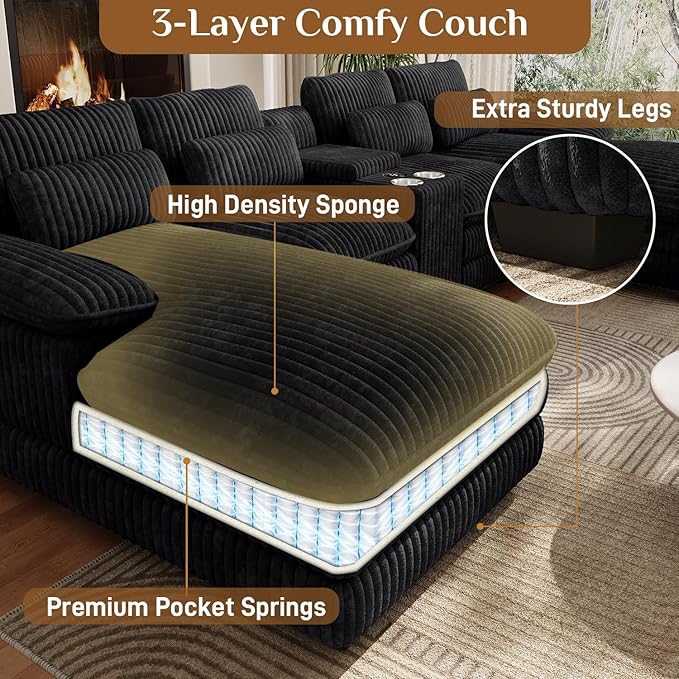 133" Oversized U Shaped Cloud Couch Modular Sectional Couches for Living Room Comfy Corduroy Deep Seat Sofa Set with Double Chaise Lounge, Storage Central Console, Cup Holders, USB Port, Black