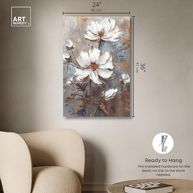 Art Remedy White Textured Flowers Canvas Elegant Floral Wall Art, Gallery Wrapped, 24" x 36"