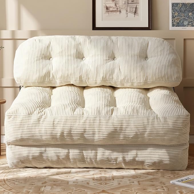 Folding Sofa Bed, Convertible Sleeper Chair with Back Support and Pillow Futon, Boneless Matress, for Living Room/Guest Use/Home Office, Foldable Chair Bed for Adults, Beige, Full