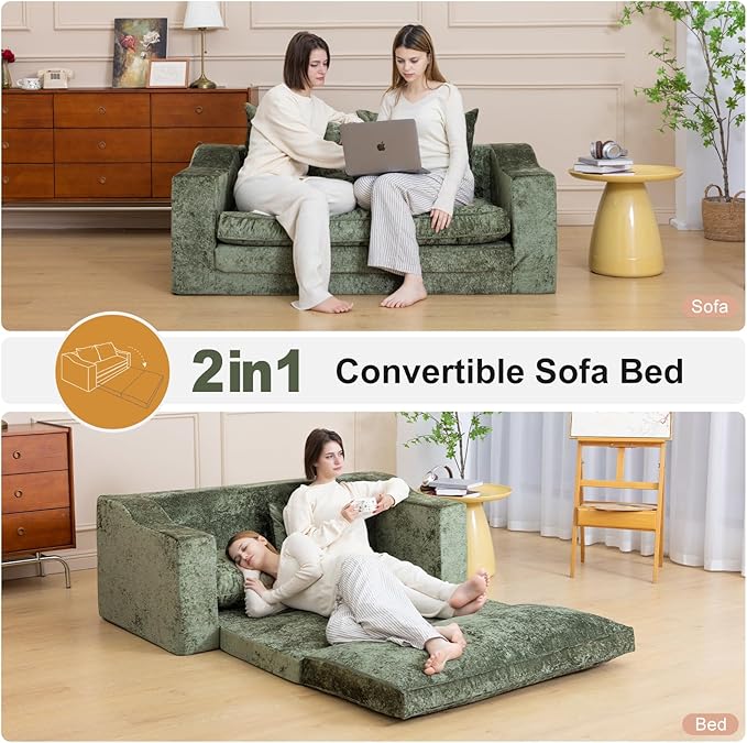 61" Convertible Sofa Bed Loveseat, Memory Foam Boneless Floor Couch with Removable Plush Velvet Cover, Tri-folding Compact Full-size Sleeper for Small Living Room, Playroom, Guest Room, RV (Emerald) | Convertible Sofa Bed, Premium Memory Foam, Ergonomi...