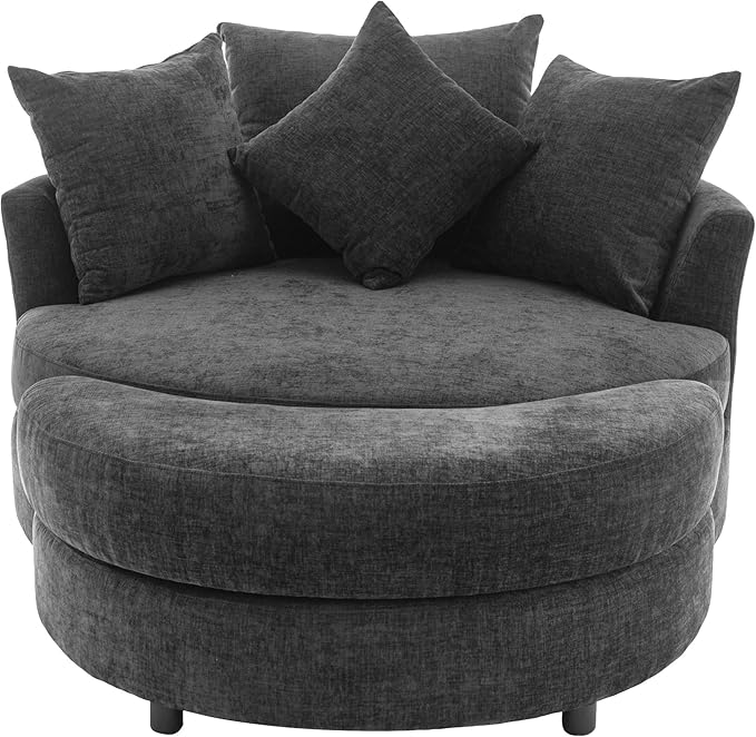ERYE Oversized Round Accent Barrel Chair with Storage Ottoman and 360 Swivel Base, Modern Chenille Upholstered Leisure Recliner Armchair for Living Room Bedroom