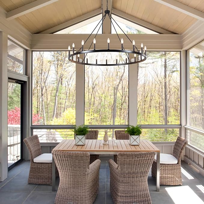 Black Wagon Wheel Chandelier 20-Light 48" Large Black Farmhouse Chandelier High Ceiling Light Fixture for Living Room Entryway Hallway Kitchen Island