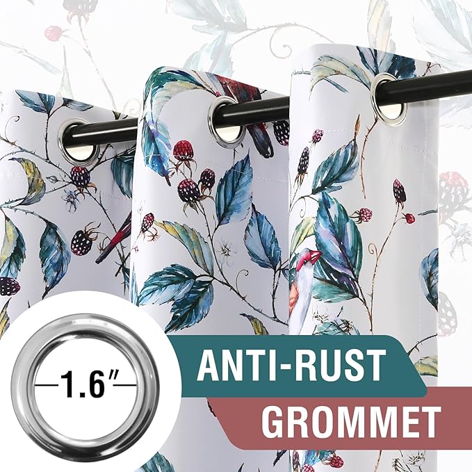 H.VERSAILTEX 100% Blackout Curtains 96 inch Length 2 Panels Set Printed Drapes Thermal Insulated Curtains for Bedroom with Black Liner Sound Proof Curtains, Wild Berry and Bird