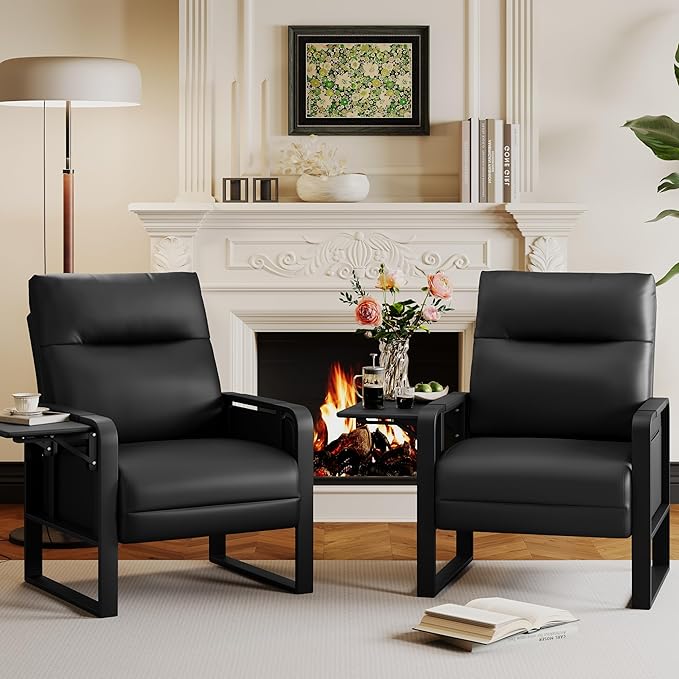 Upholstered Living Room Chair Armchair Set of 2, Mid Century Faux Leather Metal Accent Chair, Reception Couch Slipper Club Lounge Chair Guest Comfy Single Sofa with Sidetable-Black