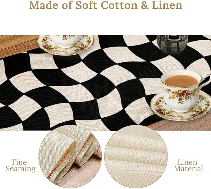 Black White Plaid Table Runner Hippie Abstract Plaid Racing Car Birthday Party Decoration Kitchen Dining Room Decor 13x70in