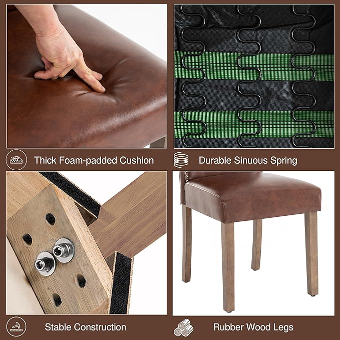 Upholstered Dining Chair Modern Stylish Parsons Kitchen Diner High Back with Silver Nailhead Trim & Wood Legs, Set of 2, PU Leather Dark Brown