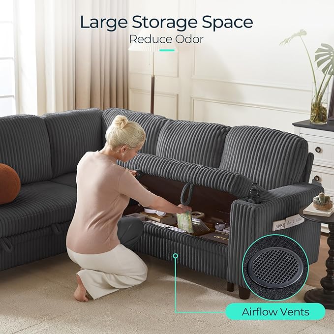 LINSY HOME Sectional Sleeper Sofa Pull Out Couches for Living Room (Grey, Sleeper Sofa 4) | Pull Out Sofa Bed, Storage, USB Charging, Cup Holders, Plush Corduroy | Pull Out Sofa Bed, Storage, USB Charging, Cup Holders, Plush Corduroy