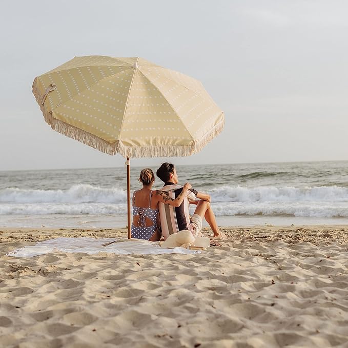 BEACH STATE Summerland 6.5 Feet Beach Umbrella with Fringe - Patio Umbrella - Outdoor Umbrella - UV50+ Sun Protection