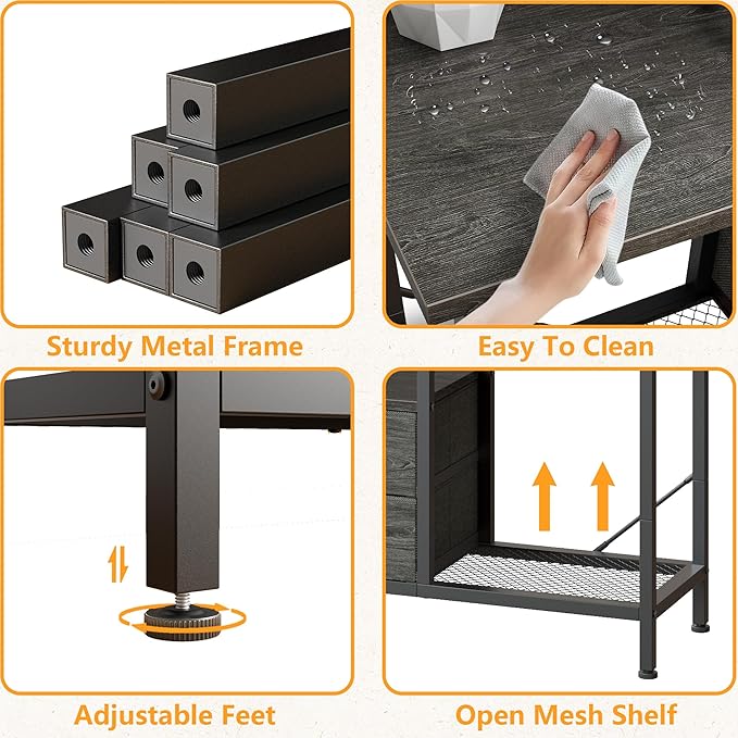 Furologee TV Stand with 2 Fabric Drawers, 43 Inch Entertainment Center with Open Storage Shelves, Media Console Table for Bedroom, Living Room, Light Black Oak