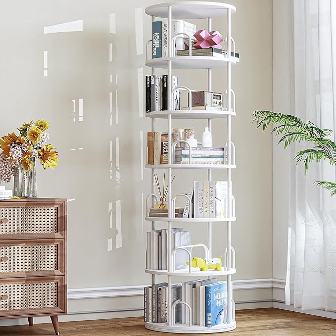 6 Tier Rotating Bookshelf, 360 ° Display Stackable Spinning Bookshelf Tower, Narrow Space Saving Tall Floor Standing Swivel Bookcase Corner Storage Organizer for Bedroom, Living Room