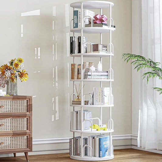 6 Tier Rotating Bookshelf, 360 ° Display Stackable Spinning Bookshelf Tower, Narrow Space Saving Tall Floor Standing Swivel Bookcase Corner Storage Organizer for Bedroom, Living Room