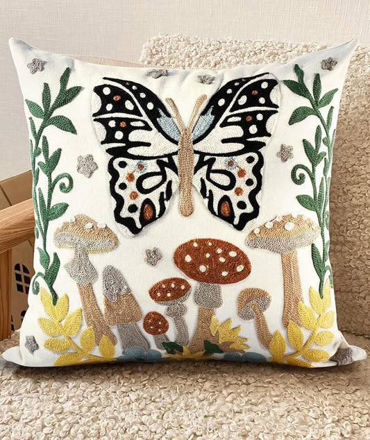 Embroidered Throw Pillow Cover - 18x18 Decorative Pillow Cover with Zipper Aesthetic Cute Design Boho Spring Summer Throw Pillowcase for Living Room Couch Sofa Bed, Butterfly Moon