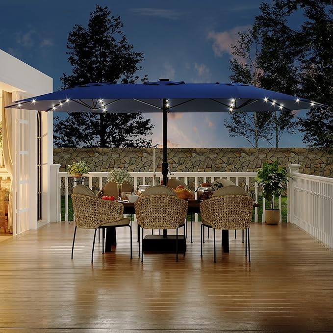 GarveeLife 15 FT Patio Umbrella with Base Included, Patio Table Umbrella with solar lights, 10 Sturdy Ribs UV Protection Waterproof for Garden, Pool, Deck, Backyard (Navy)