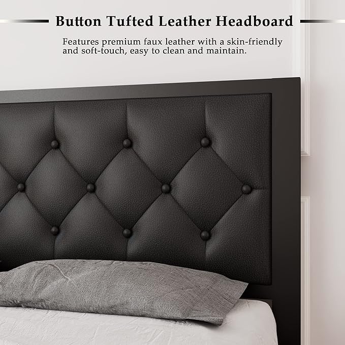 Feonase Full Size Metal Bed Frame with Faux Leather Button Tufted Headboard, Heavy-Duty Platform Bed Frame with 12" Storage, Steel Slats Support, No Box Spring Needed, Noise Free, Black