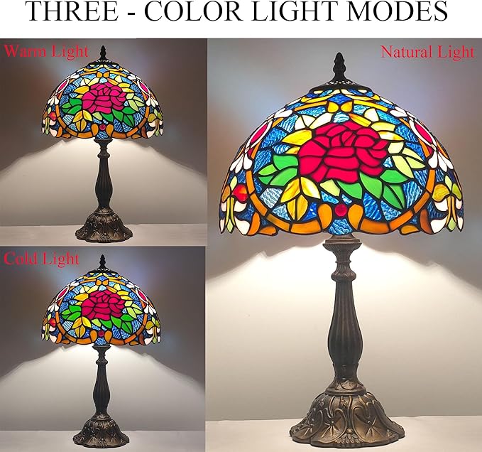 Tiffany 3-Color Stained Glass Lamp - Vintage Beside Reading Lamp, 12 inch Living Room Light, Flowers Style Antique Nightstand Light (Red Roses Heart)